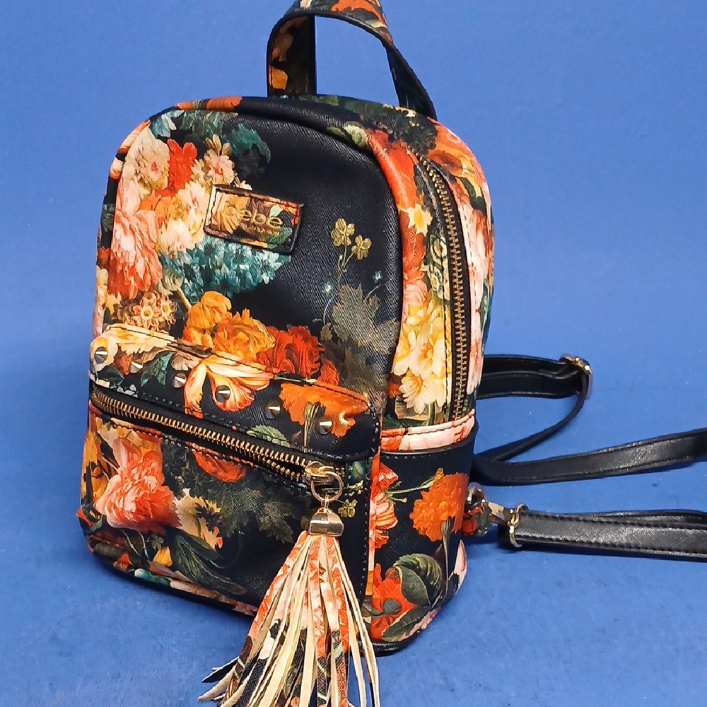 Bebe SMALL Black Backpack with Vibrant Floral Design 10" x 9"